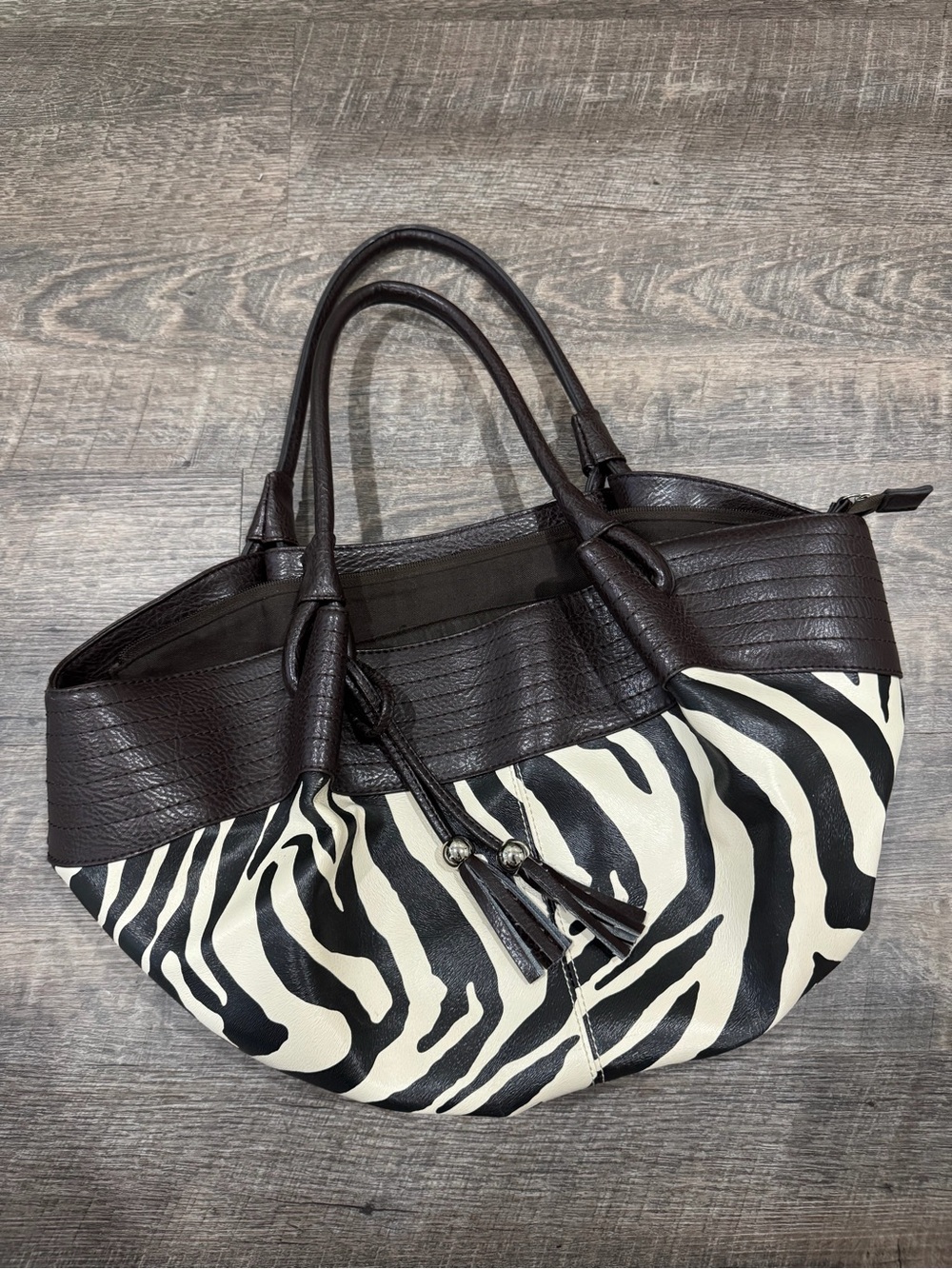 Zebra Print Brown Leather-Look Tote Bag